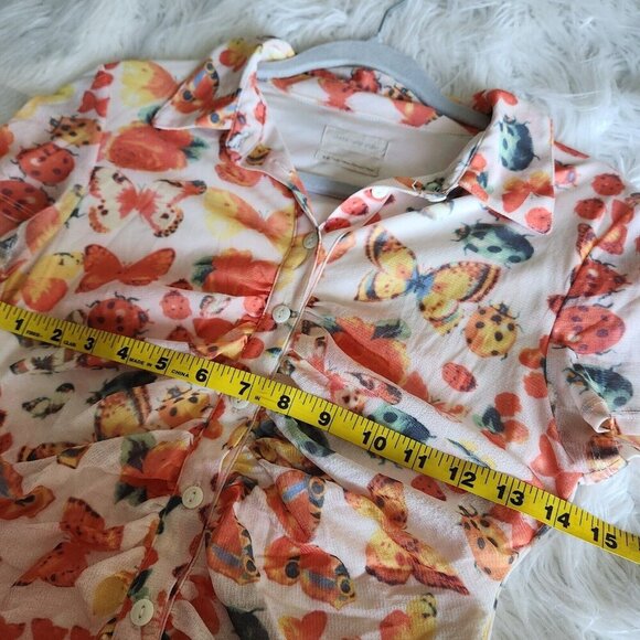 Urban Outfitters Y2K Riko Mesh Orange Butterfly Mini Dress Size M Ruched Button - Picture 7 of 14